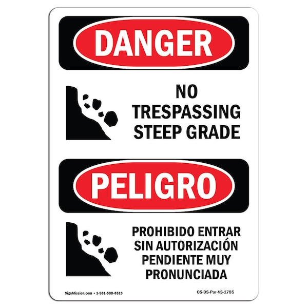 Safety Sign, OSHA Danger, 5" Height, No Trespassing Steep Grade Spanish, 10PK